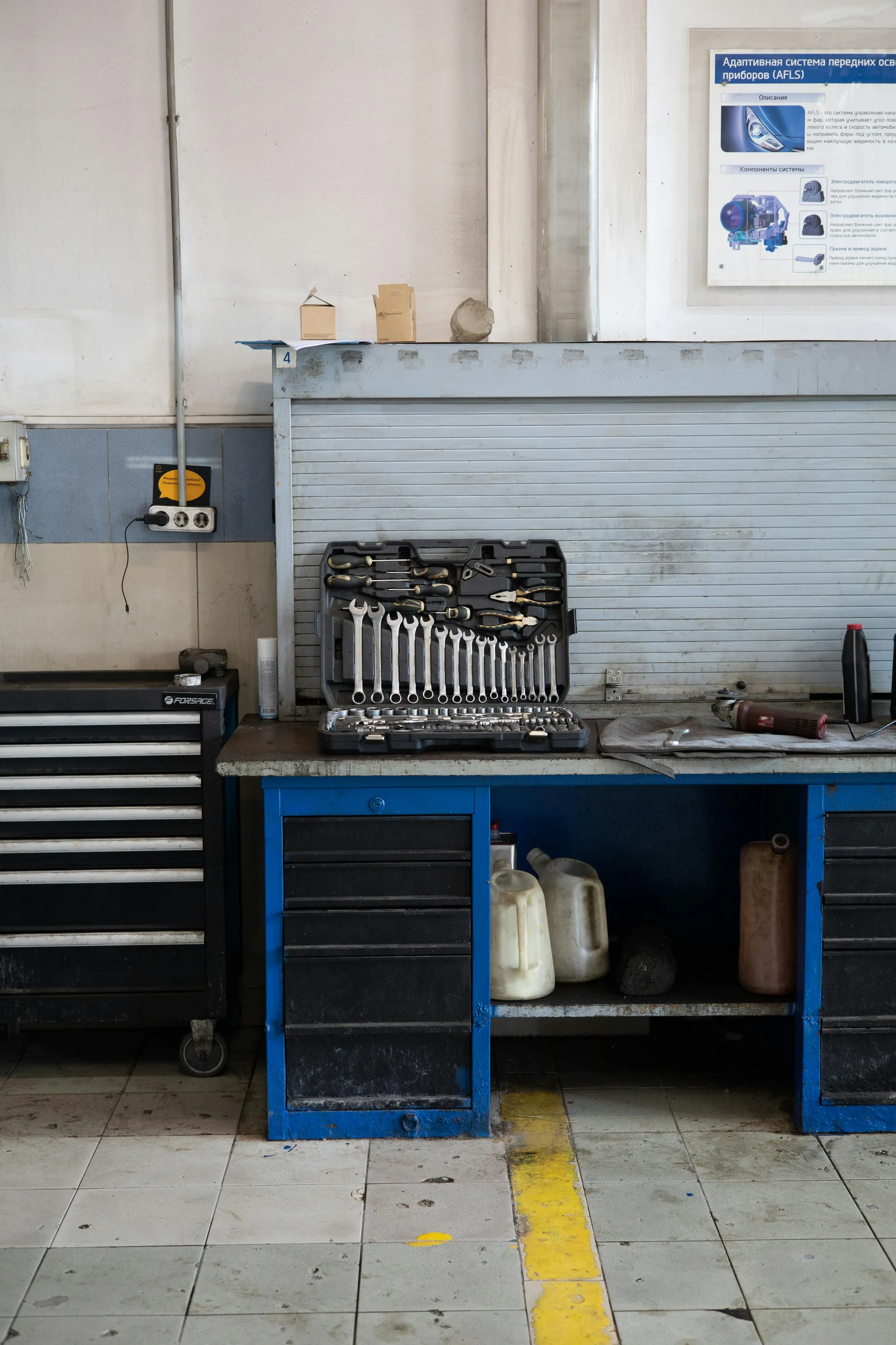 Mechanic's workbench with spanners and tool chest